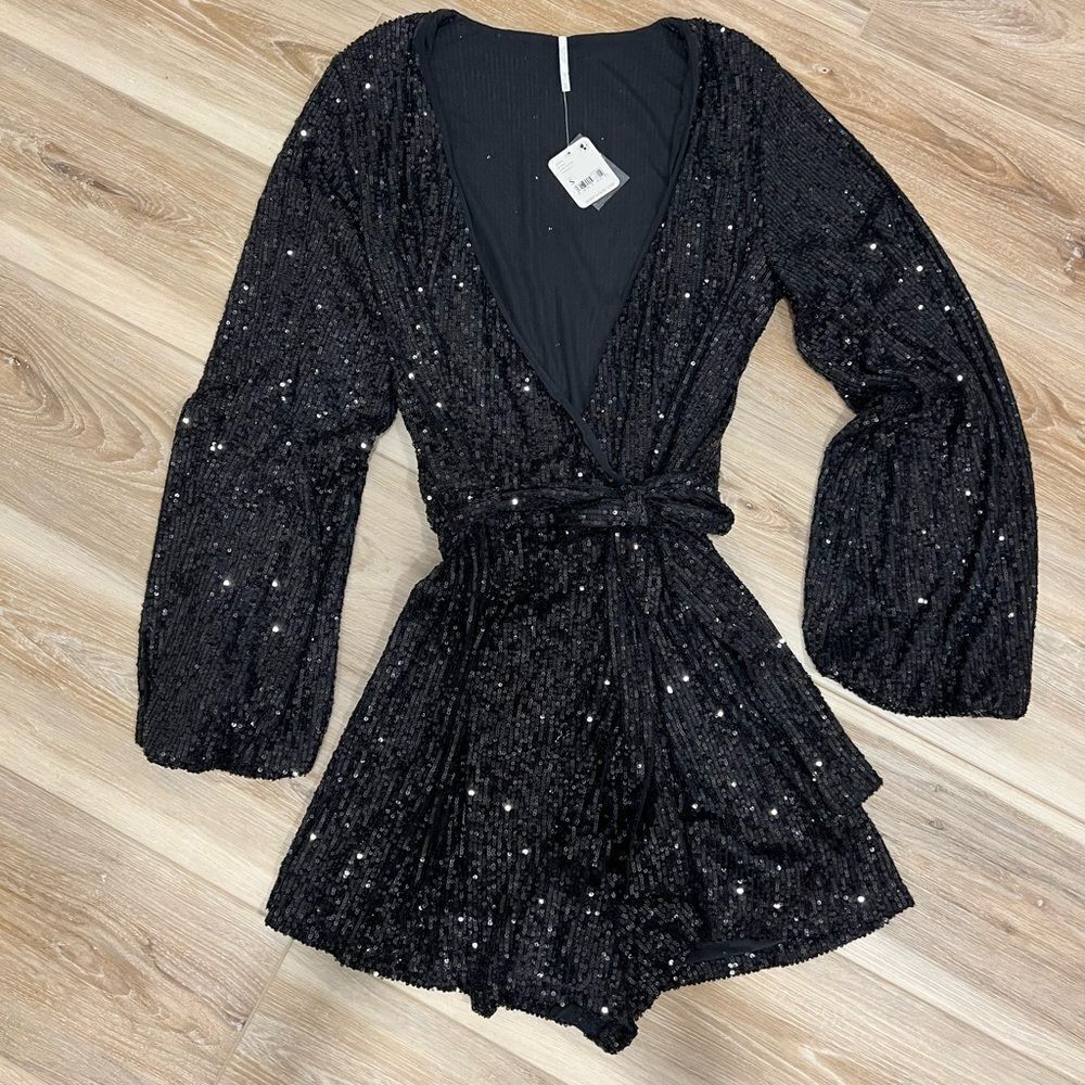 FREE PEOPLE Black Wrap Sequin Romper